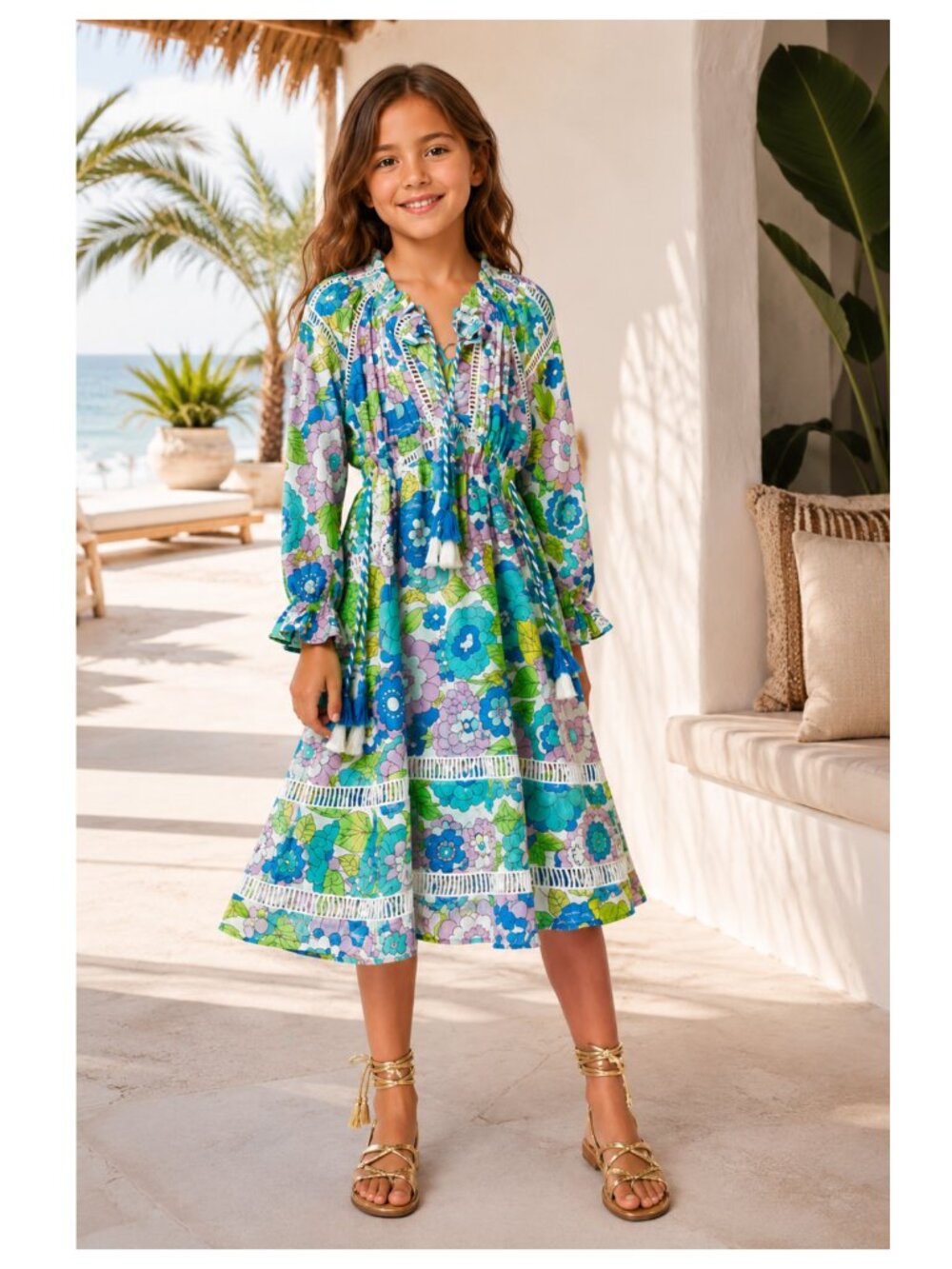 Dodo Bar Or Green Floral Retro Long Sleeve Resortwear Dress